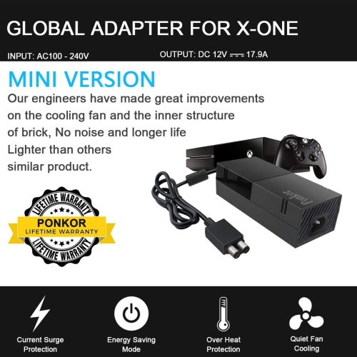 Xbox One Power Brick,Ponkor Xbox 1 AC Adapter Power Cord Replacement Charger for Microsoft Xbox one 100-240V, Black