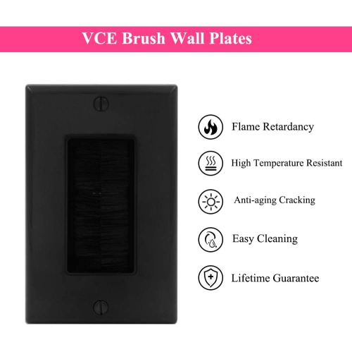 VCE 4-Pack Single Brush Wall Plate with Single Gang Low Voltage Mounting Bracket Black