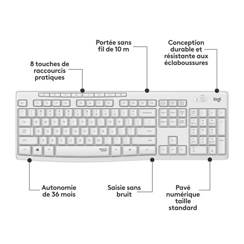 Ensemble clavier et souris optique sans fil silencieux MK295 de Logitech - Blanc cassé