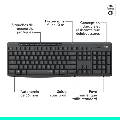 Ensemble clavier et souris optique sans fil silencieux MK295 de Logitech - Graphite