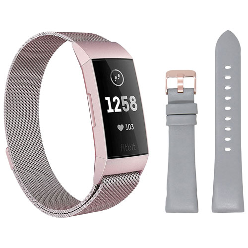 StrapsCo Leather/Stainless Steel Strap for Fitbit Charge 3 & 4 - Grey/Rose Gold - 2 Pack