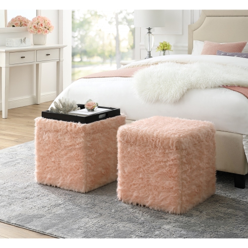Inspired Home Kane Faux Fur Storage Ottoman, Blush