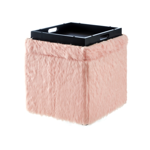 Inspired Home Kane Faux Fur Storage Ottoman, Blush