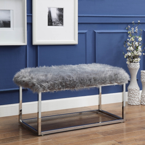 INSPIRED HOME  Karina Faux Fur Ottoman Bench In Grey