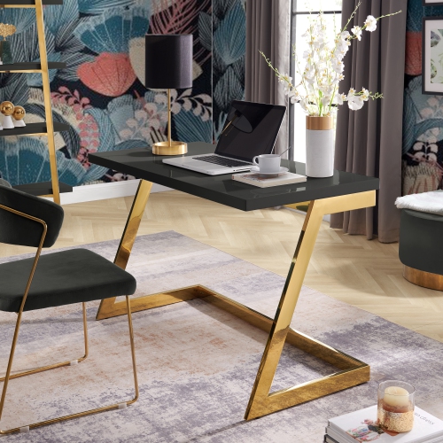 Image 1 de 9.. Inspired Home Malaysia Writing Desk, Black/Gold