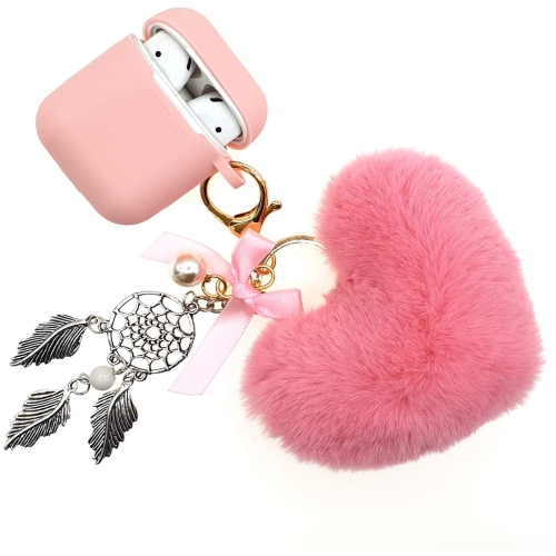 Pink Airpods Case with Cute Fur Ball Keychain Protective Case Cover Silicone Skin for Apple Airpods 2 /& 1 with Pom Pom
