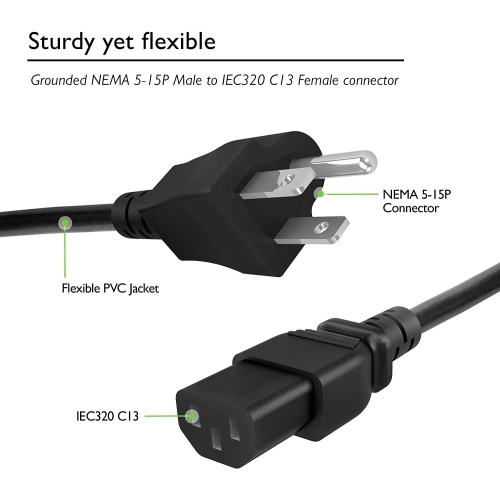 6ft Universal AC Power Cord for Personal Computer,Vizio,PC Monitor,Plasma bravia uhd Smart TV, Power Supply Replacement