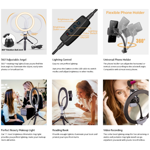UBeesize 10" LED Ring Light with Tripod Stand & Phone Holder, Dimmable Desk Makeup Ring Light, Perfect for Live Streaming & YouTube Video,