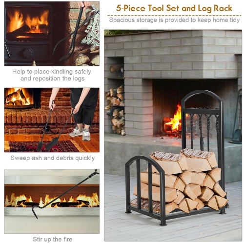 Costway Firewood Log Rack with 4 Tools Set Firewood Holders for Fireplace Indoor Outdoor