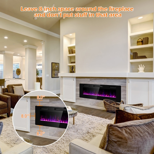 Costway 50'' Electric Fireplace Recessed Ultra Thin Wall Mounted Heater Multicolor Flame