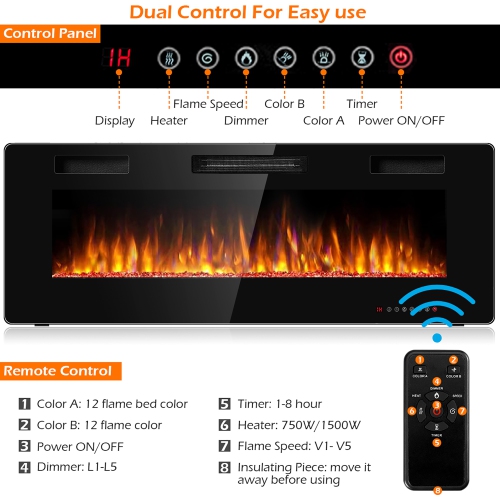 Costway 50'' Electric Fireplace Recessed Ultra Thin Wall Mounted Heater Multicolor Flame