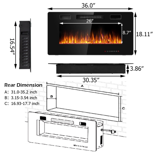 Costway 36'' Electric Fireplace Recessed Ultra Thin Wall Mounted Heater Multicolor Flame