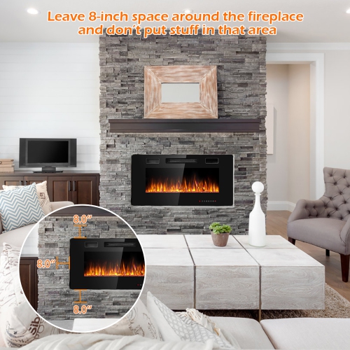 Costway 36'' Electric Fireplace Recessed Ultra Thin Wall Mounted Heater Multicolor Flame