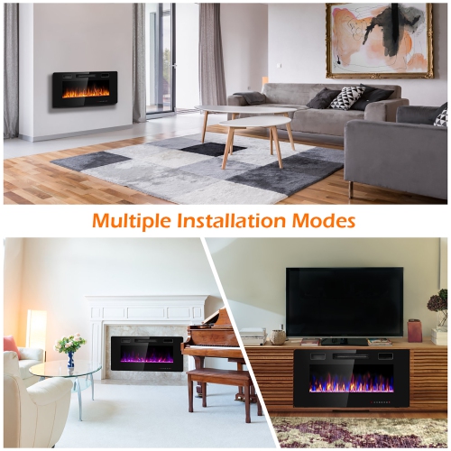 Costway 36'' Electric Fireplace Recessed Ultra Thin Wall Mounted Heater Multicolor Flame