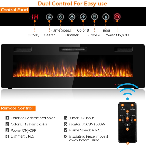 Costway 60'' Electric Fireplace Recessed Ultra Thin Wall Mounted Heater Multicolor Flame