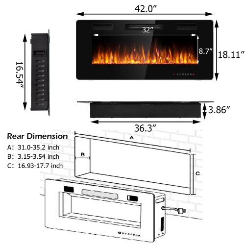 Costway 42'' Electric Fireplace Recessed Ultra Thin Wall Mounted Heater Multicolor Flame