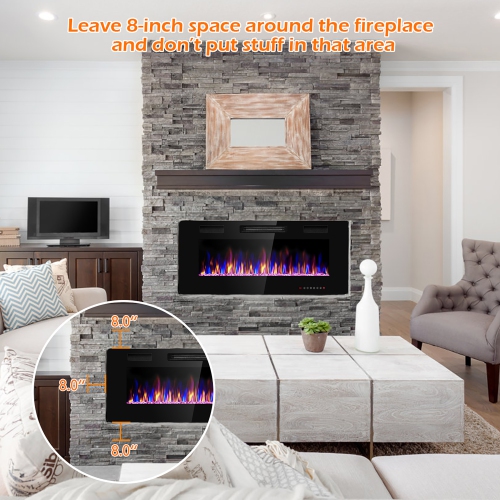 Costway 42'' Electric Fireplace Recessed Ultra Thin Wall Mounted Heater Multicolor Flame