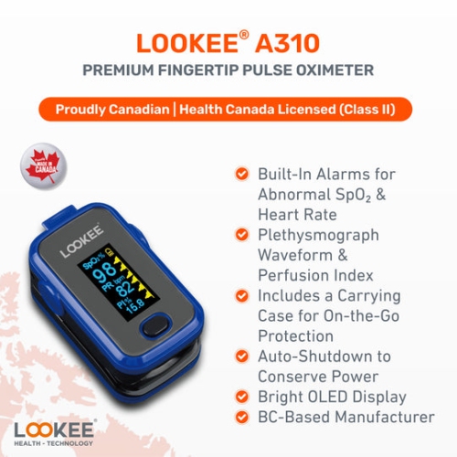 LOOKEE® A310 Premium Pulse Oximeter Finger Monitor | Proudly Canadian | Blood Oxygen Monitor | Medical Grade Accuracy, Alarm & Perfusion Index |