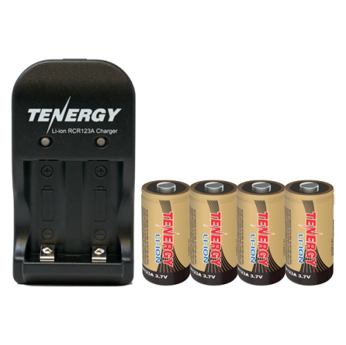 4-Pack Tenergy RCR123A 3.7 Volt Lithium Ion Batteries + 2 Bay Smart Charger