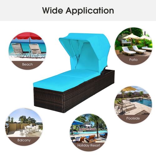 Costway Patio Rattan Lounge Chair Chaise Cushioned Top Canopy Adjustable Turquoise