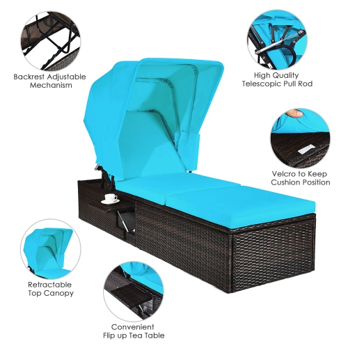 Costway Patio Rattan Lounge Chair Chaise Cushioned Top Canopy Adjustable Turquoise