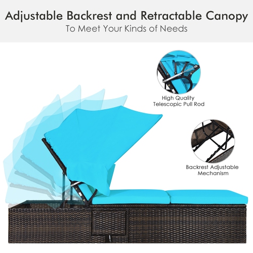 Costway Patio Rattan Lounge Chair Chaise Cushioned Top Canopy Adjustable Turquoise