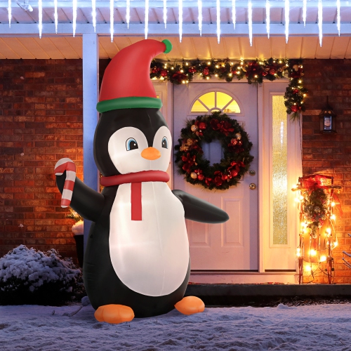 HOMCOM 8ft Inflatable Penguin Holding Candy Cane, Holiday Yard Decoration with LED Lights, Indoor Outdoor Lawn Blow Up Decor
