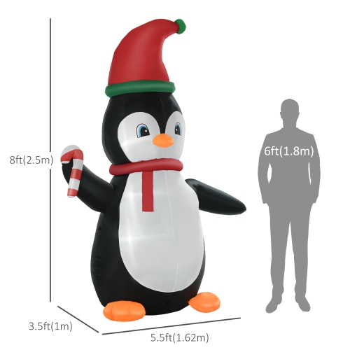 HOMCOM 8ft Inflatable Penguin Holding Candy Cane, Holiday Yard Decoration with LED Lights, Indoor Outdoor Lawn Blow Up Decor