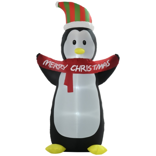 HOMCOM  8Ft Inflatable Penguin Holding Merry Christmas Banner, Holiday Yard Decoration With Led Lights, Indoor Outdoor Lawn Blow Up Decor