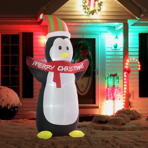 HOMCOM 8ft Inflatable Penguin Holding Merry Christmas Banner, Holiday Yard Decoration with LED Lights, Indoor Outdoor Lawn Blow Up Decor