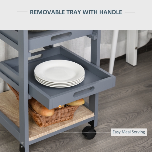 Chariot de bar HOMCOM, chariot de cuisine à 4 niveaux avec plateau de service amovible, chariot à café sur roulettes avec tiroir pour salle à manger,