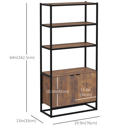 HOMCOM 5-Tier Bookcase with Doors and Open Shelves, Retro Tall Bookshelf with Steel Frame for Living Room, 30" x 13" x 64", Rustic Brown