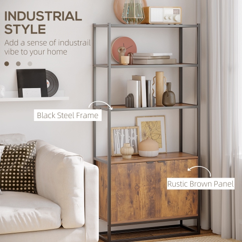 HOMCOM 5-Tier Bookcase with Doors and Open Shelves, Retro Tall Bookshelf with Steel Frame for Living Room, 30" x 13" x 64", Rustic Brown