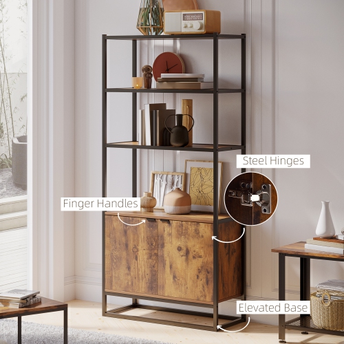 HOMCOM 5-Tier Bookcase with Doors and Open Shelves, Retro Tall Bookshelf with Steel Frame for Living Room, 30" x 13" x 64", Rustic Brown