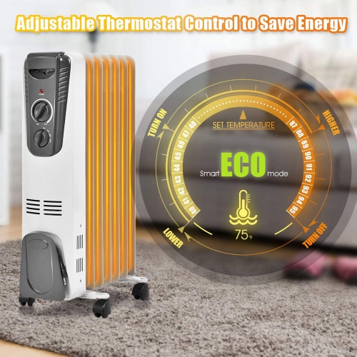 Gymax 1500W Oil Filled Radiator Heater Portable Space Heater w/ 3 Heat Settings