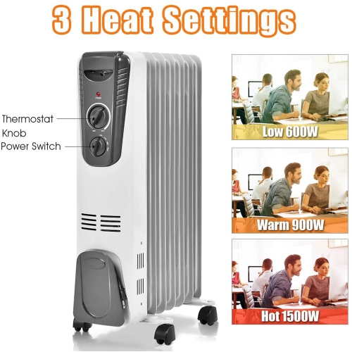 Gymax 1500W Oil Filled Radiator Heater Portable Space Heater w/ 3 Heat Settings