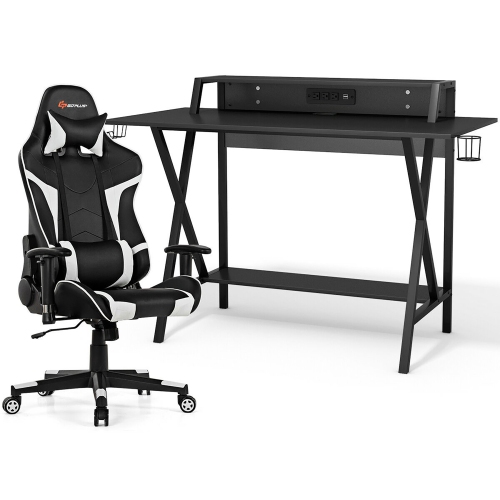Goplus Gaming Computer Desk & Massage Gaming Chair Bundle Set w/Monitor Shelf Power Strip