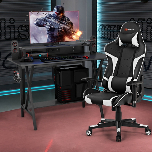 Goplus Gaming Computer Desk & Massage Gaming Chair Bundle Set w/Monitor Shelf Power Strip