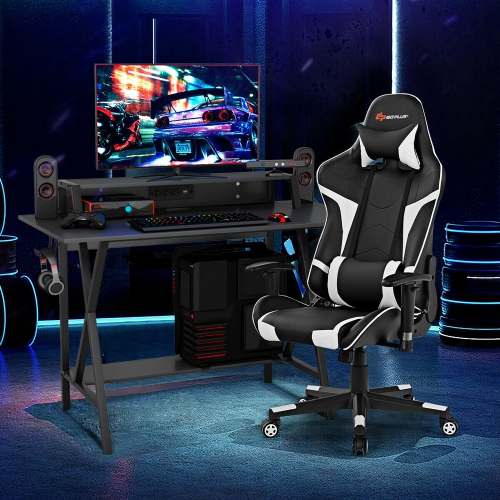 Goplus Gaming Computer Desk & Massage Gaming Chair Bundle Set w/Monitor Shelf Power Strip