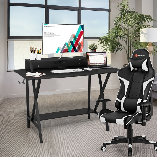 Goplus Gaming Computer Desk & Massage Gaming Chair Bundle Set w/Monitor Shelf Power Strip