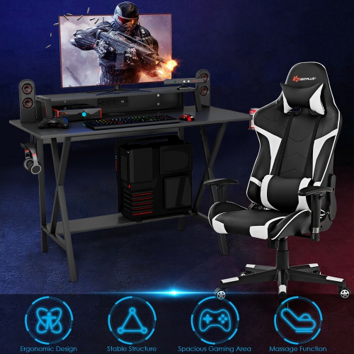 Goplus Gaming Computer Desk & Massage Gaming Chair Bundle Set w/Monitor Shelf Power Strip