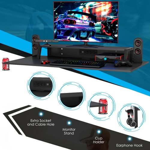 Goplus Gaming Computer Desk & Massage Gaming Chair Bundle Set w/Monitor Shelf Power Strip