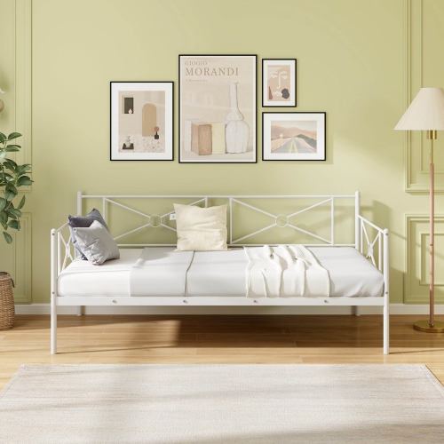 Costway Metal Daybed Frame Twin Size Mattress Foundation with Metal Slat Support Headboard