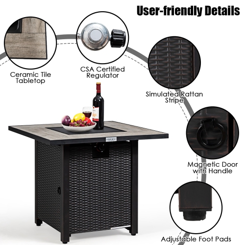 Costway 30" Square Propane Gas Fire Pit Table Ceramic Tabletop 50,000 BTU W/ Cover