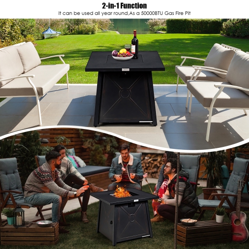 Costway 30'' Square Propane Gas Fire Pit Table 50,000 BTU W/ Waterproof Cover Lava Rock