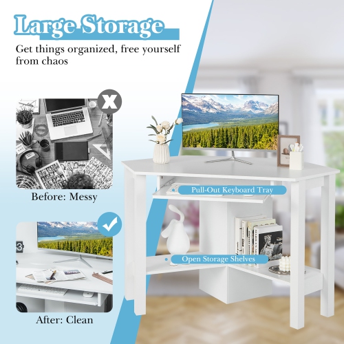 Costway Wooden Corner Desk With Drawer Computer PC Table Study Office Room White