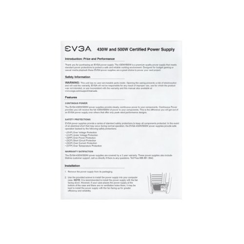 EVGA 100-W1-0500-KR 500 W1, 80+ White 500W, 3 Year Warranty, Power Supply 100-W1-0500-KR