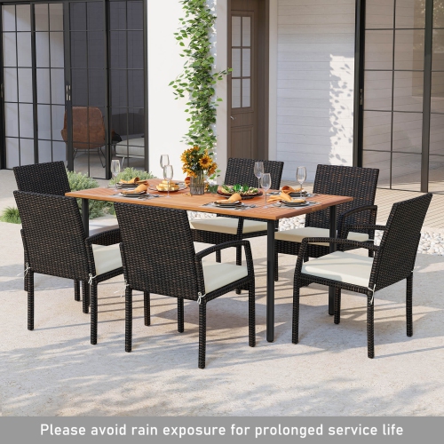 Costway 7PCS Patio Rattan Dining Set Chair Wooden Table Top W/Umbrella Hole