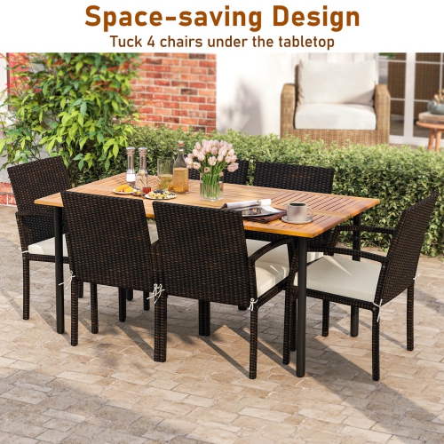 Costway 7PCS Patio Rattan Dining Set Chair Wooden Table Top W/Umbrella Hole