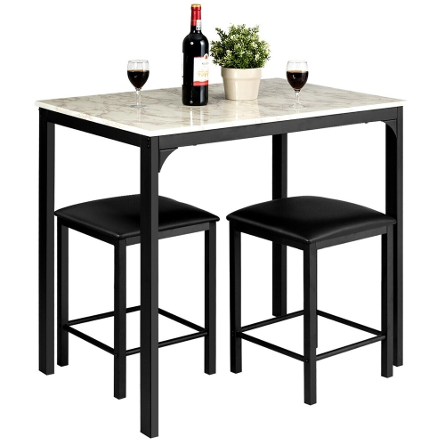 Costway 3 Piece Counter Height Dining Set Faux Marble Table 2 Chairs Kitchen Bar